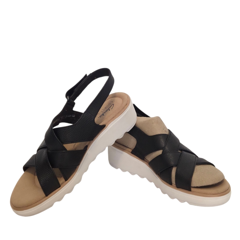 Clark’s Women’s  Jillian Black Leather Criss Cross Strappy Wedge Sandals